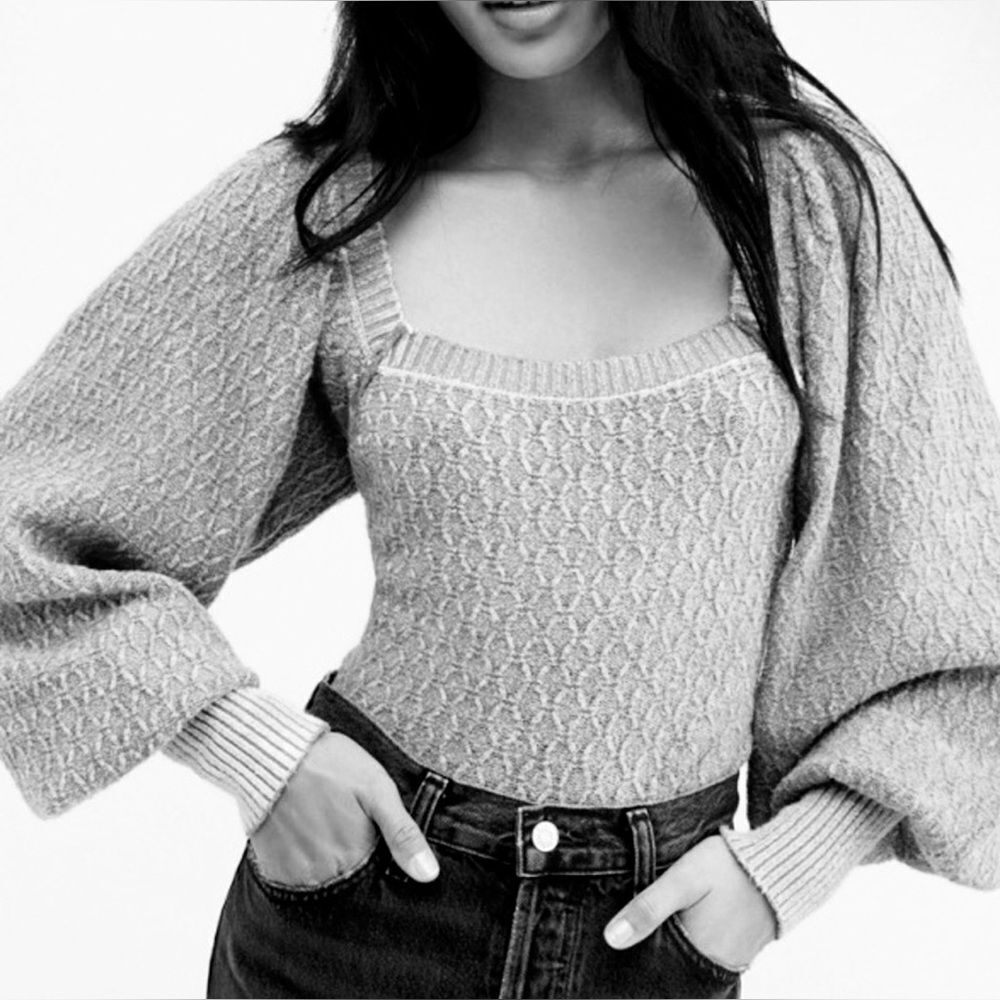 FREE PEOPLE Olivia Silver Dawn Pullover Puff Sleeve Sweater